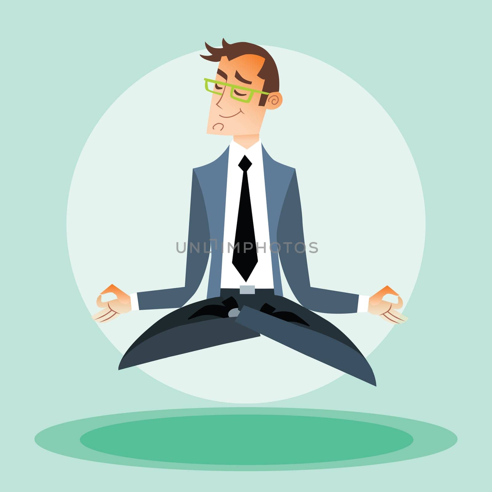 Businessman man practices yoga and hovers in the air