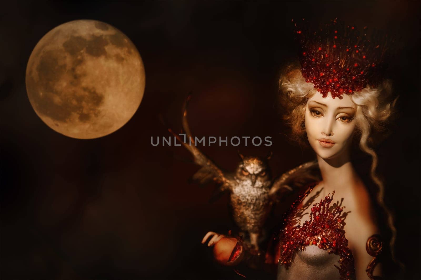 PREILI, LATVIA - August 16, 2019: Doll by Elena Tuminskaya - "Messengers of the Night"" at the International Festival of Author Dolls ""Dolls Summer in Preili"""