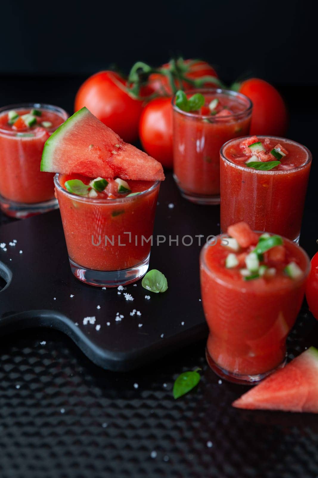 Cold gazpacho soup with tomatoes and water melon