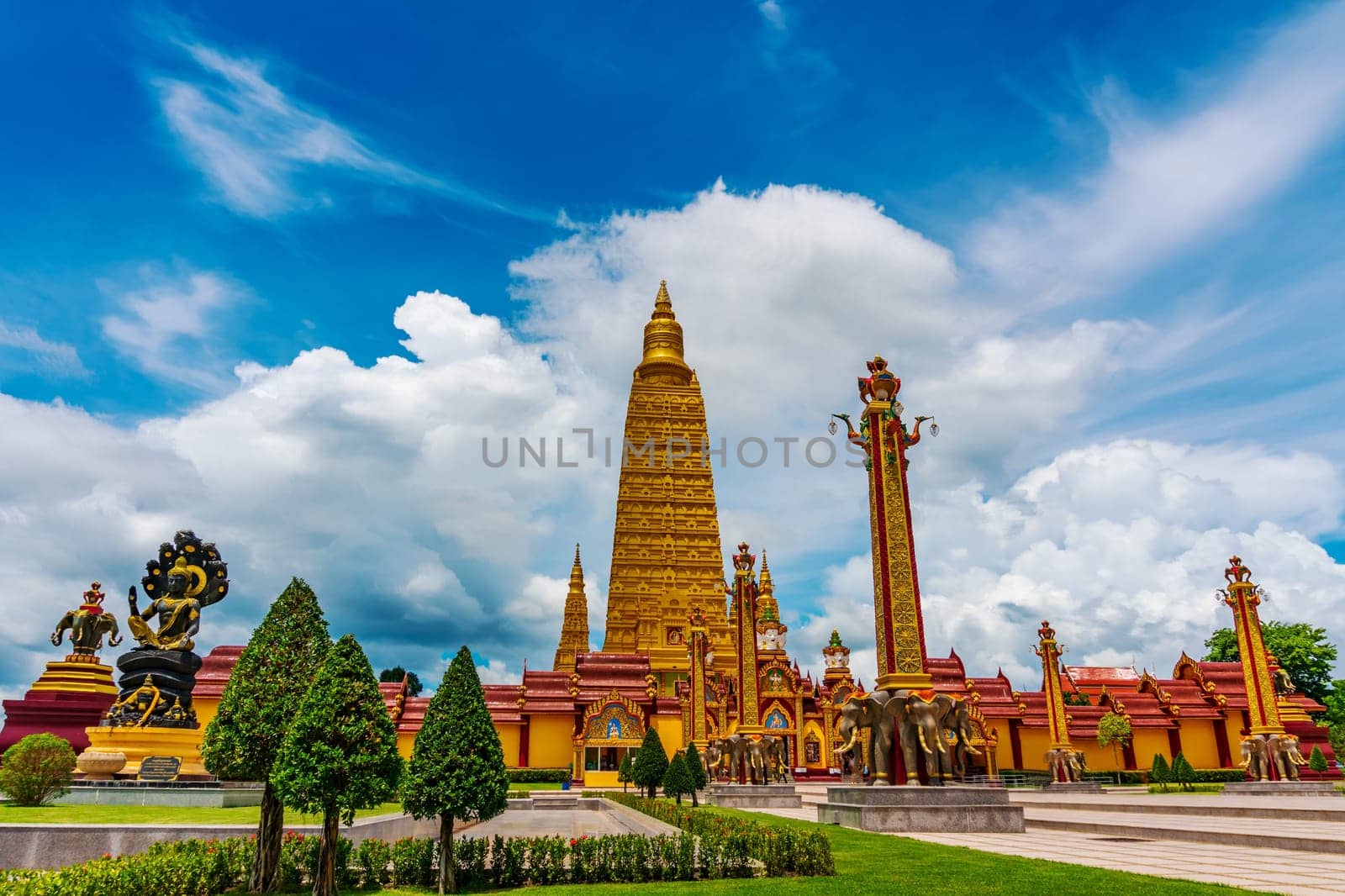 Temple with pagoda and blue sky in day light, Public in Thailand