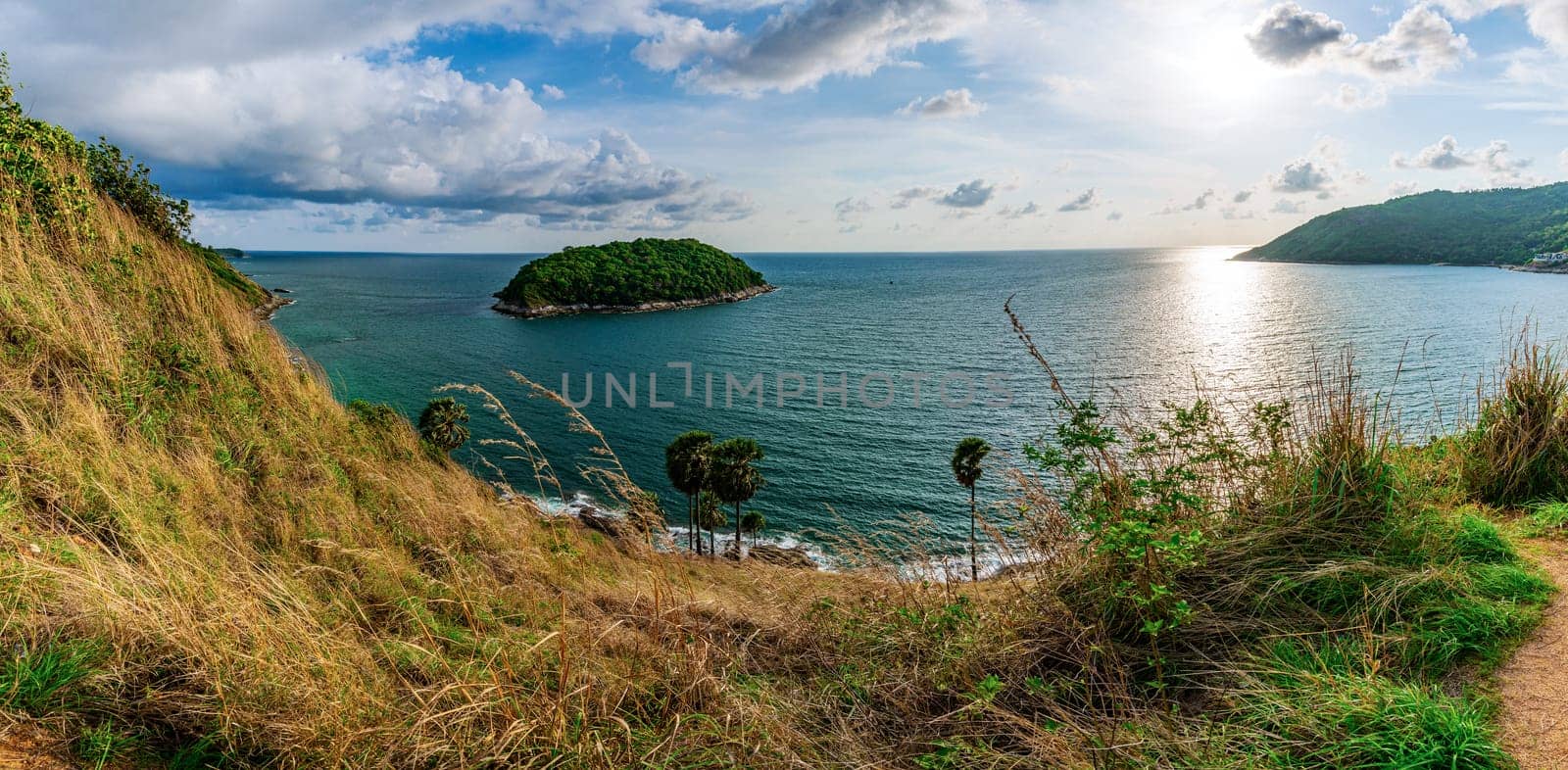 Lamphomthep Phuket Thailand, Island panorama and sea sunset with colorful of sky and cloud with sunlight in twilight