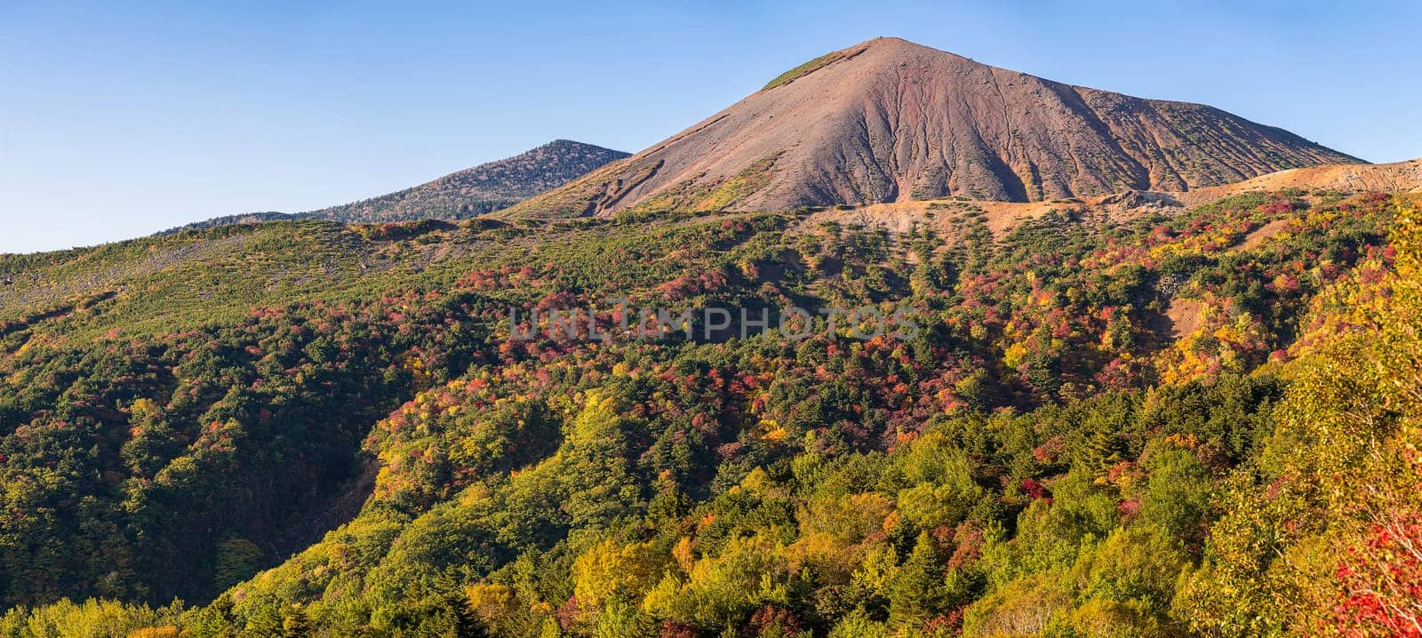 Panorama Autumn fall foliage Mountain at Bandai Azuma Skyline at Mt.Bandai in Fukushima Tohoku Japan