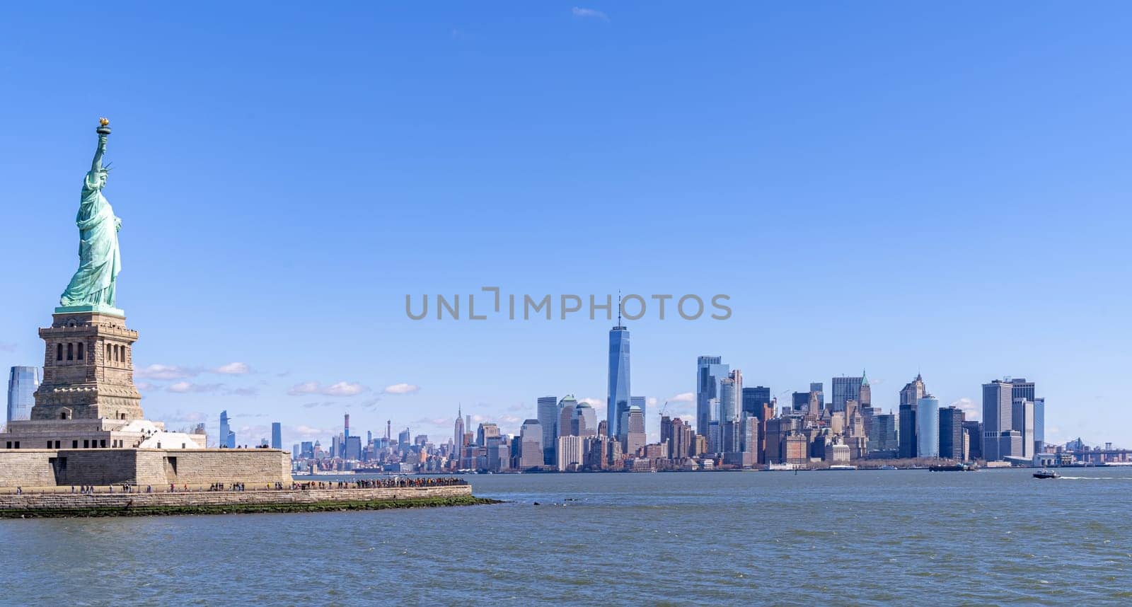 Statue of Liberty with Manhattan downtown  Skylines building in background, New York City , NYC USA.