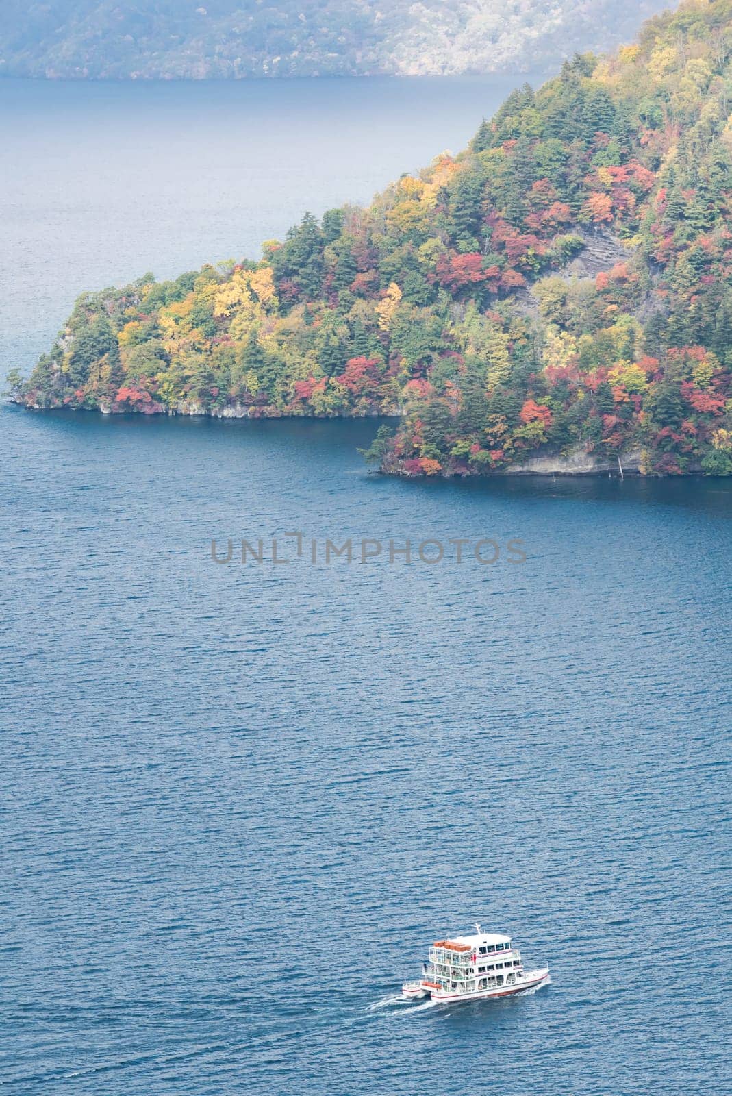 aerial view of Autumn fall mountain with Lake towada in Aomori Tohoku Japan