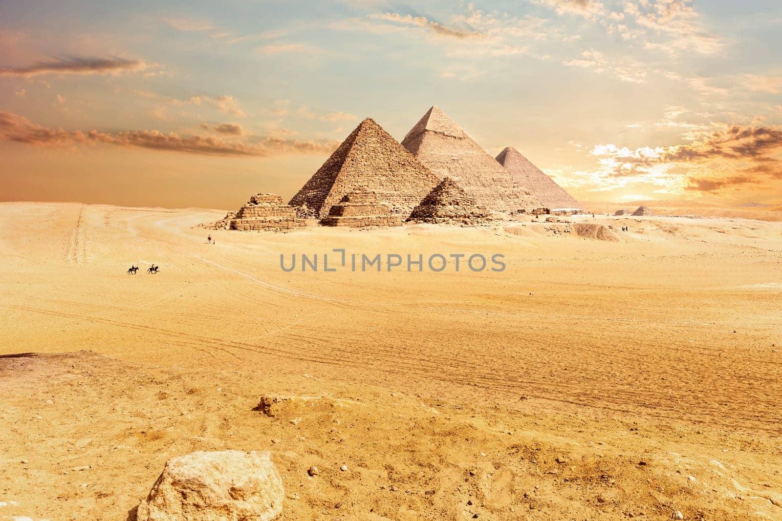 Giza Pyramids in the hot desert, Egypt.