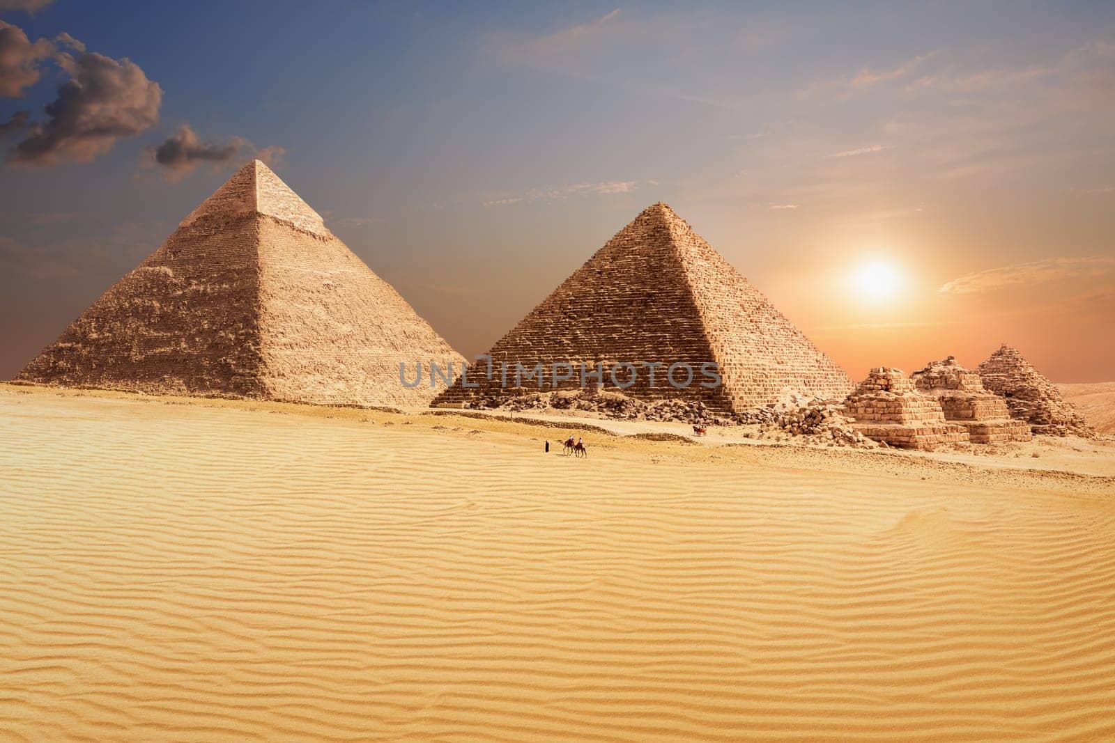 The Pyramid of Khafre and the Pyramid of Menkaure in Giza, beautiful egyptian scenery.