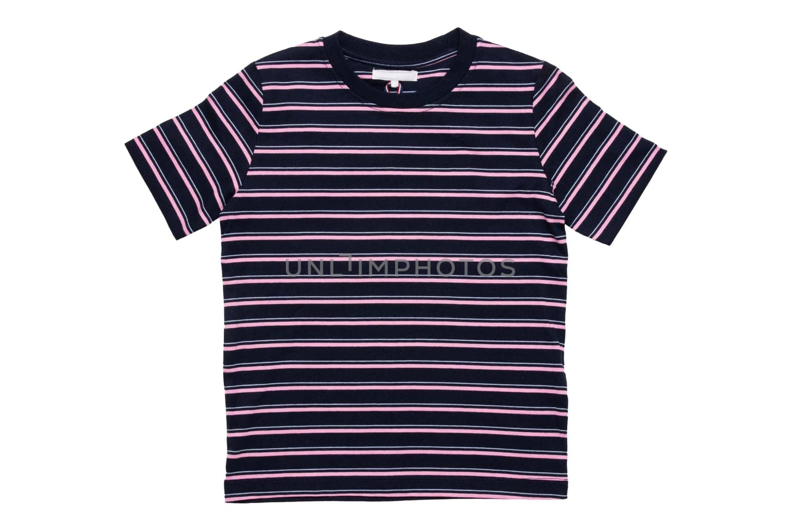 Striped shirt. Closeup of a black pink striped t-shirt with short sleeves isolated on a white background. Unisex summer fashion children.