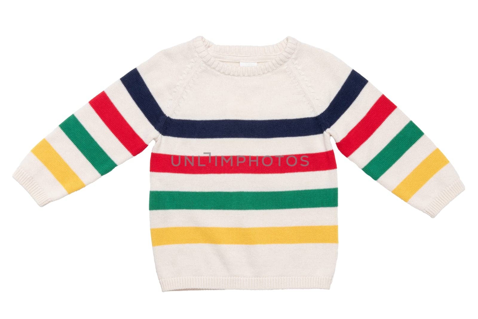 Autumn and winter children clothes. Close-up of colorful striped cozy warm sweater or pullover isolated on a white background. Kids autumn fashion.