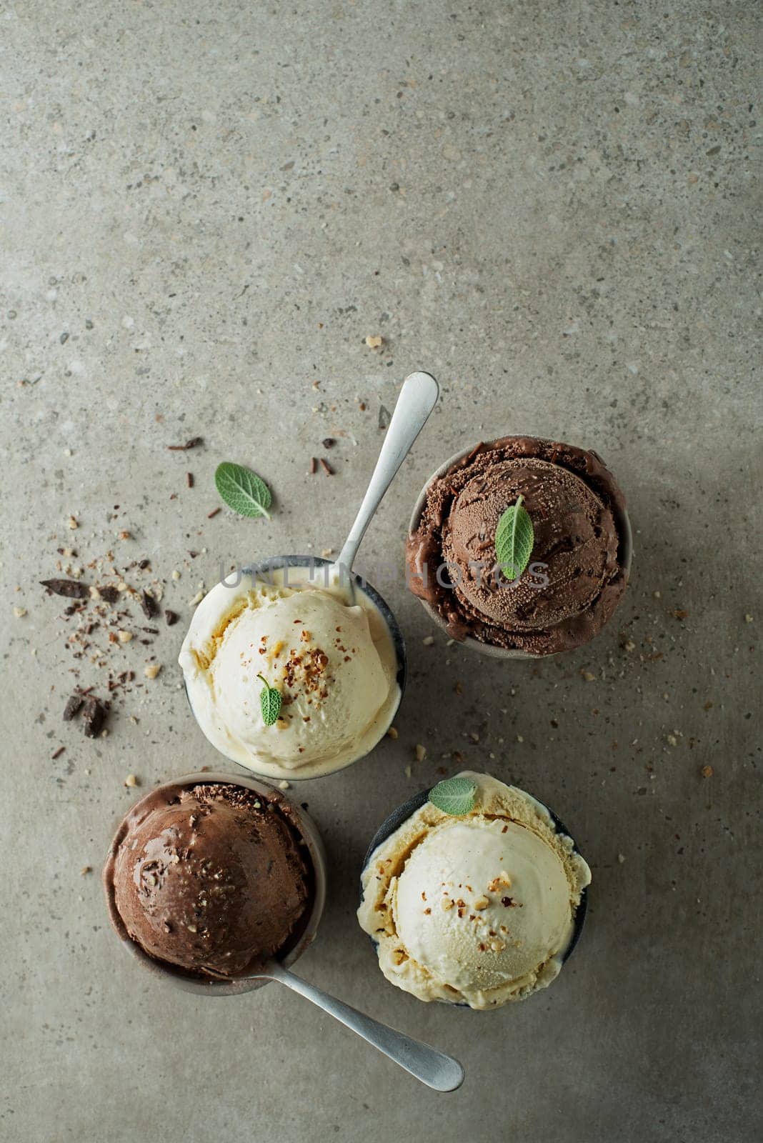 Set of ice cream scoops with chocolate and vanilla flavours