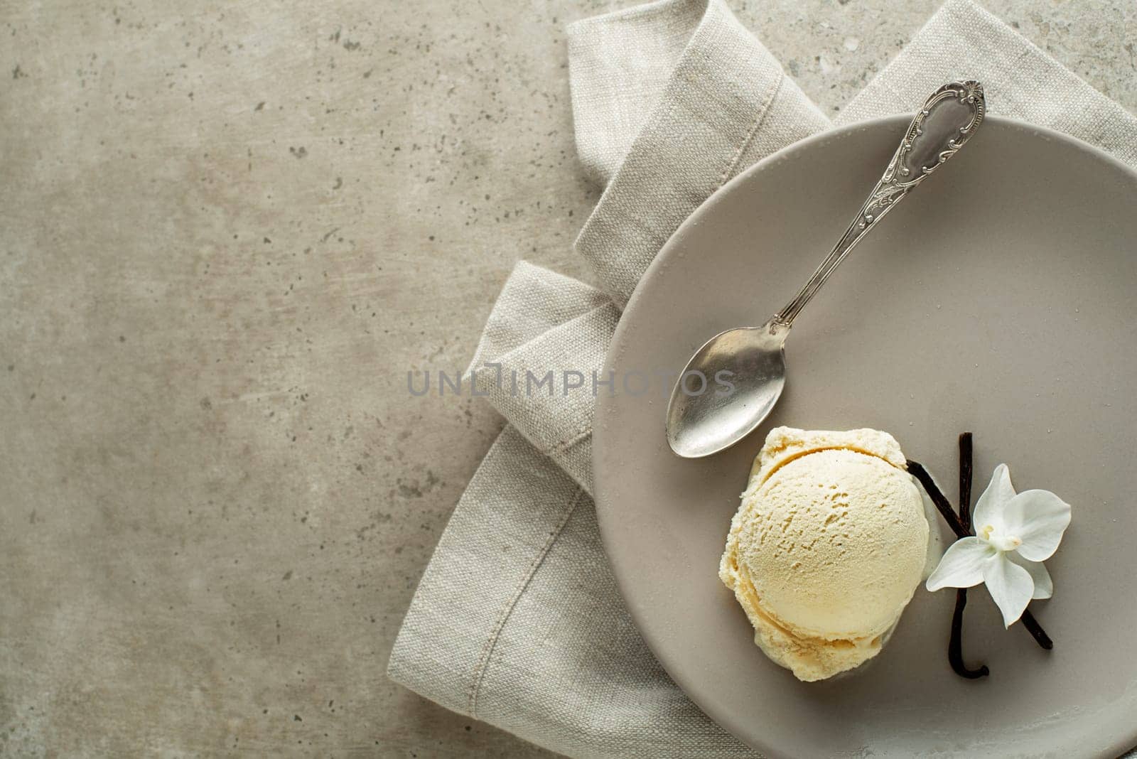 Homemade Organic Vanilla Ice Cream scoop in a plate close up