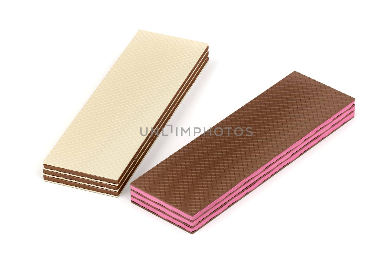 Wafers with strawberry and chocolate filling on white background