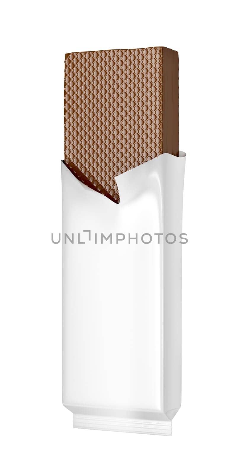 Chocolate wafer in white foil, isolated on white background