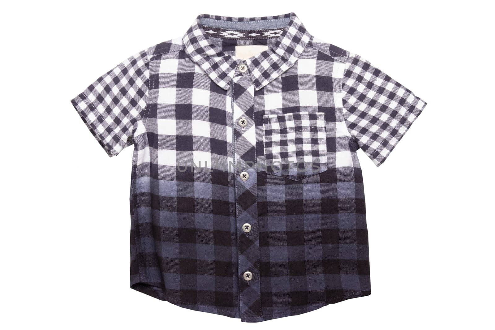 Checked shirts. Close-up of a gray white tartan or plaid shirt for boy isolated on a white background. Childrens summer fashion.