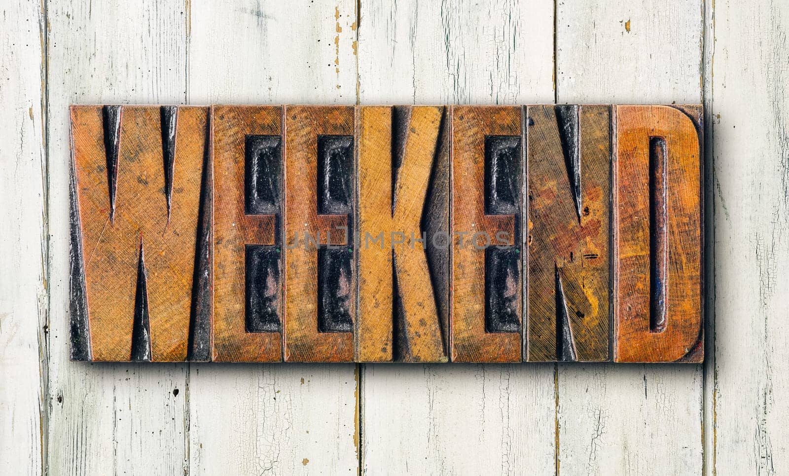 Antique letterpress wood type printing blocks on a white backgound - Weekend