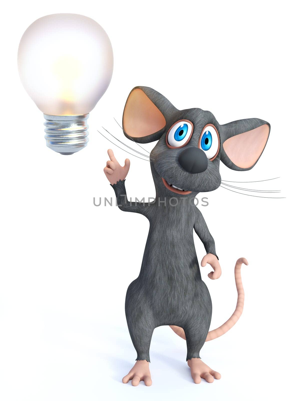 3D rendering of a cute smiling cartoon mouse looking like he is having a bright idea with a big light bulb. White background.