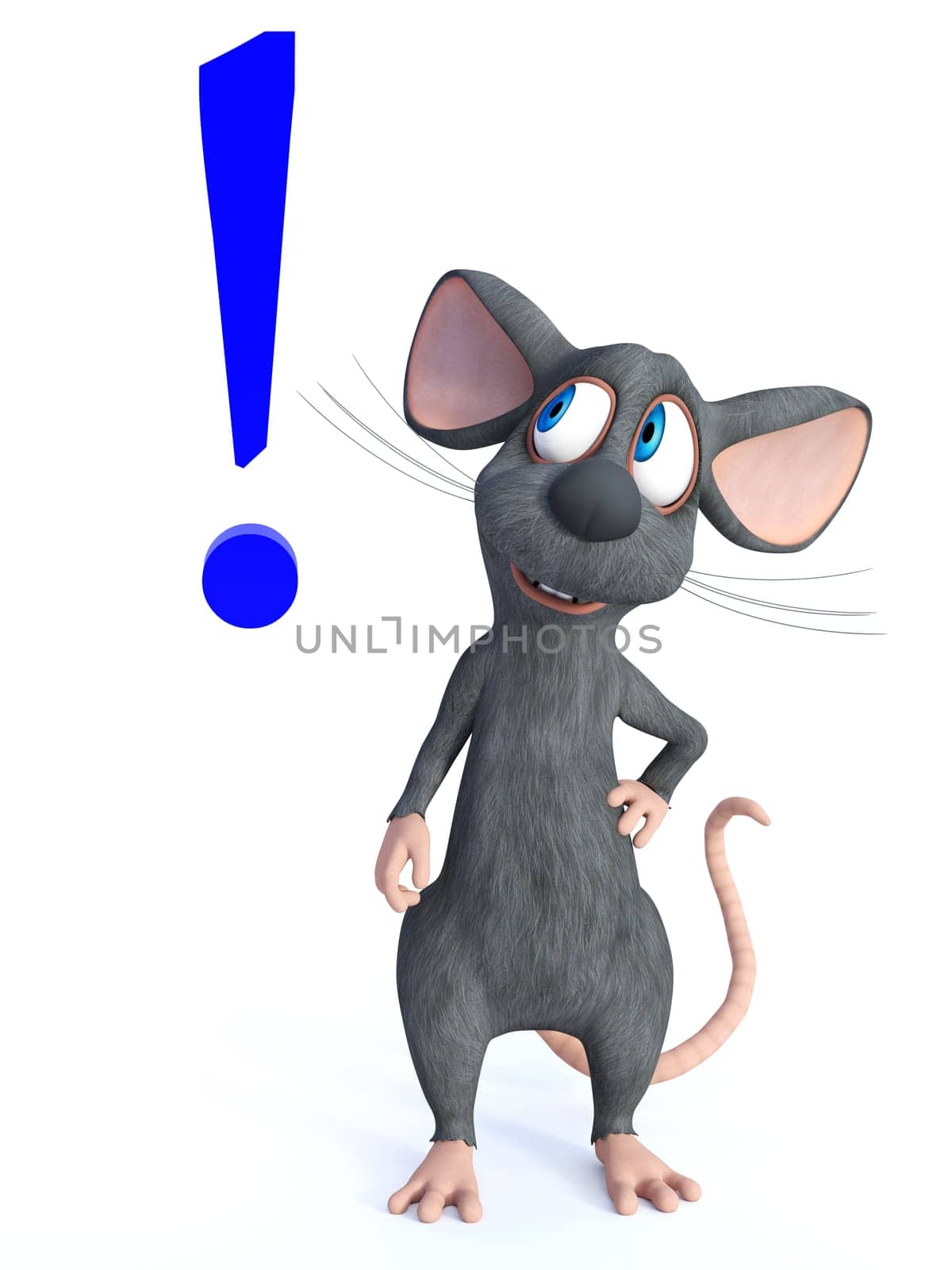 3D rendering of a cute smiling cartoon mouse looking at a big blue exclamation mark beside him. White background.