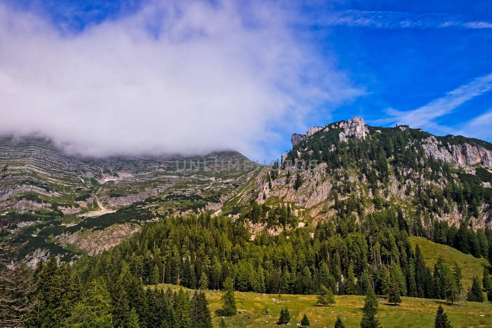 Mountain Range Landscape, panoramic of european alps with clouds