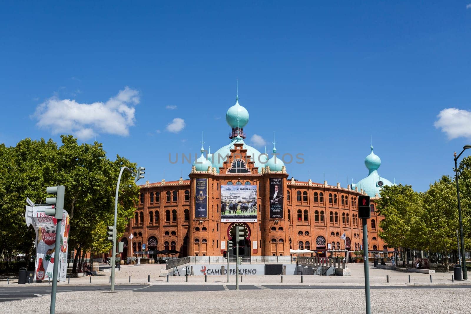 Facade of the famous Campo Pequeno bullring of Lisbon, Portugal, built in 1890 in neo-Mudejar style and entirely covered by orange bricks
