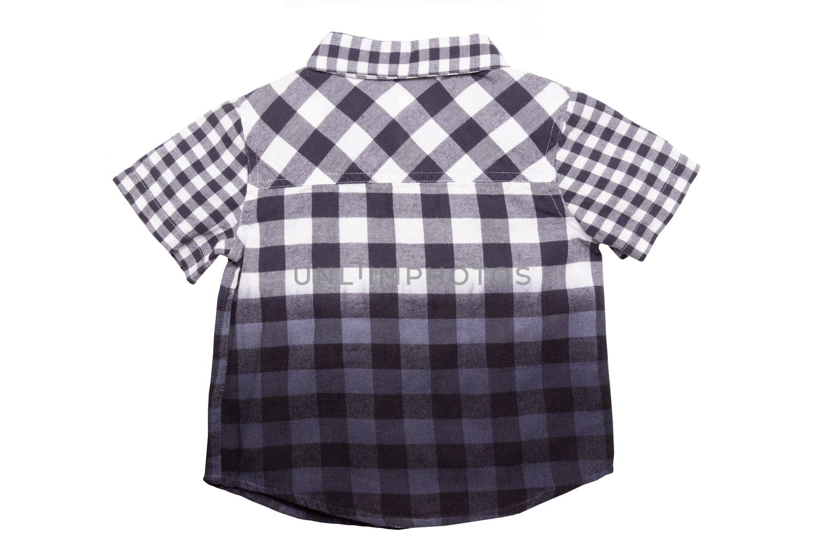 Checked shirts. Close-up of a gray white tartan or plaid shirt for boy isolated on a white background. Childrens summer fashion. Back side view.