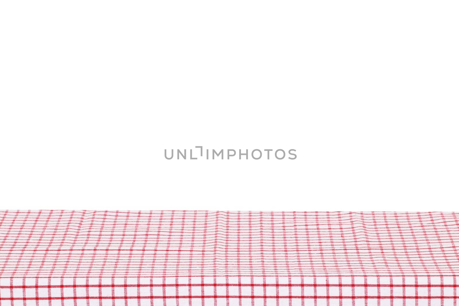Empty table background. Empty wooden deck table covered with red white checkered tablecloth isolated on a white background. Space for your food and product display montage.