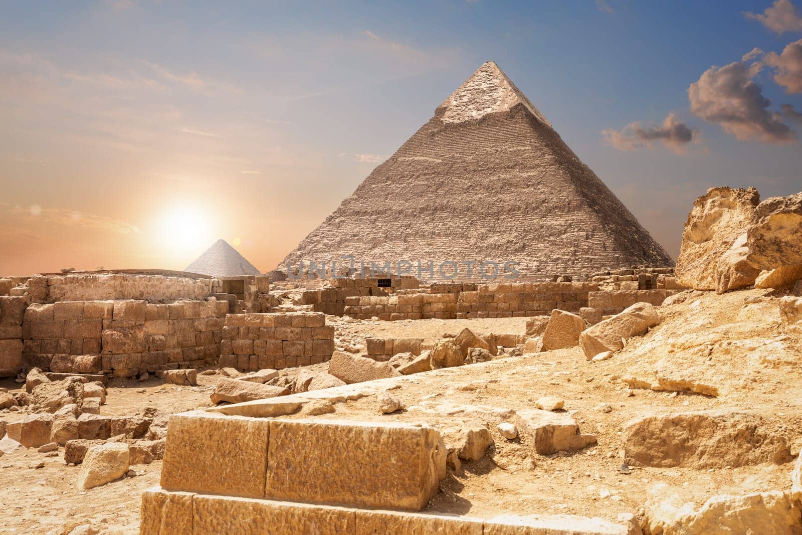 Ruins and the Pyramids, beautiful view of Giza, Egypt.