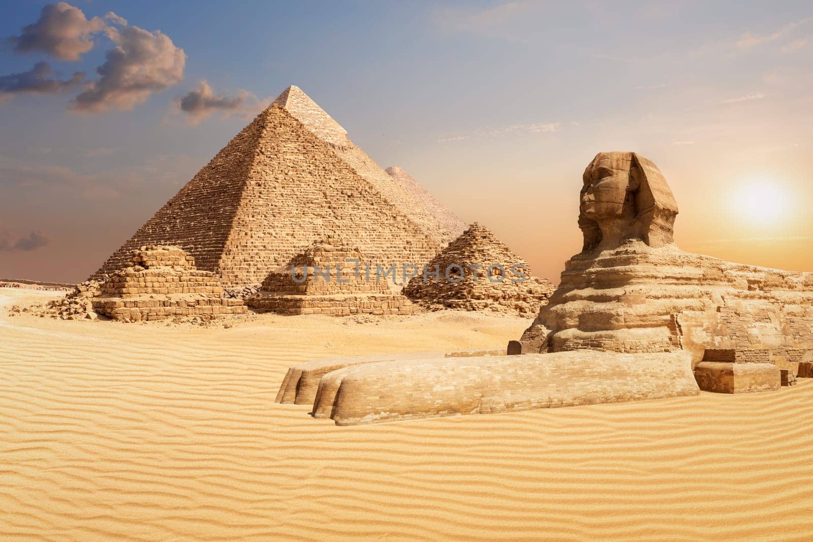 The Pyramids and the Sphinx of Giza, famous world landmark scenery.