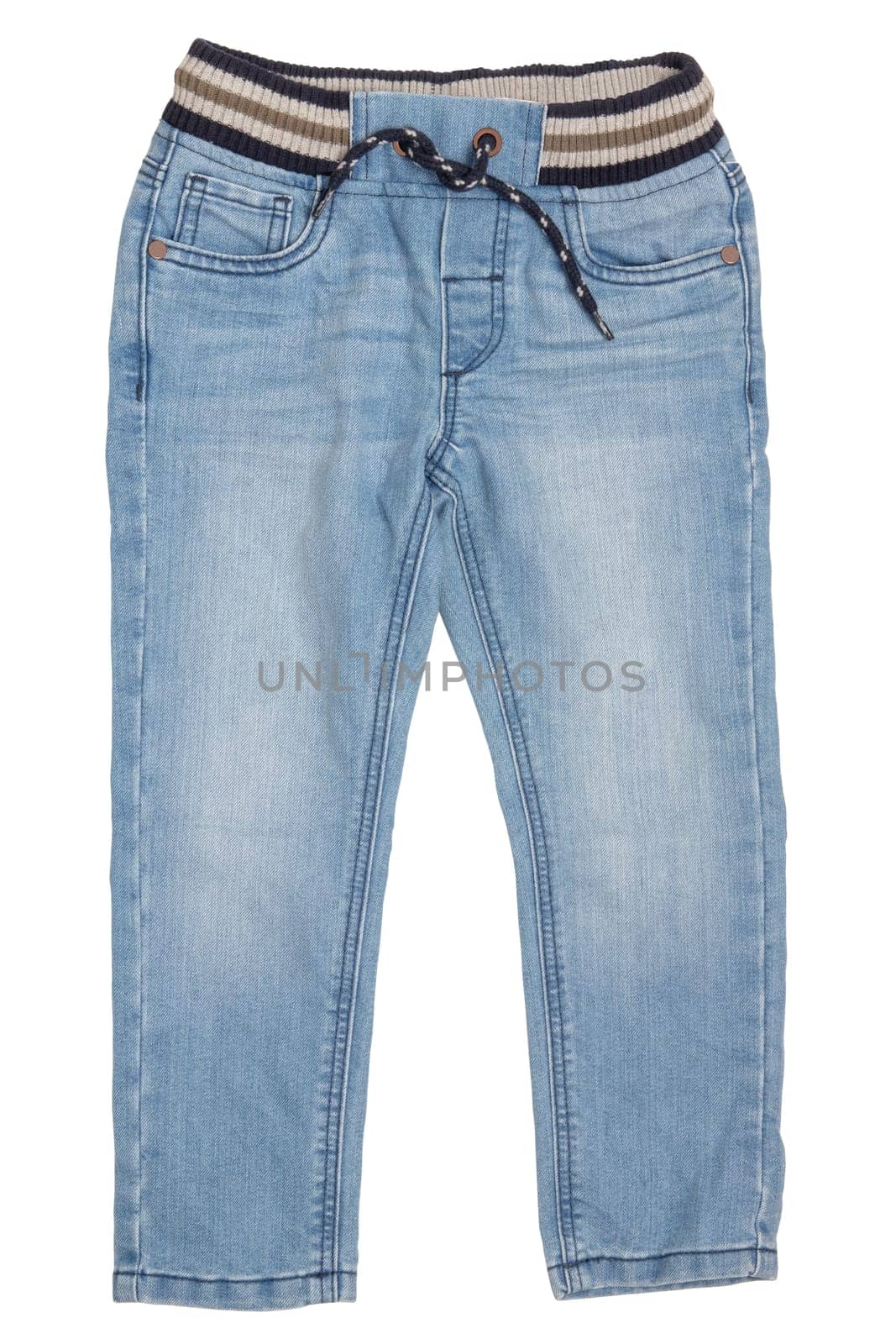 Fashionable denim clothes. Trendy blue jeans trousers with ribbon bow isolated on a white background. Fashionable jeans for child boy.