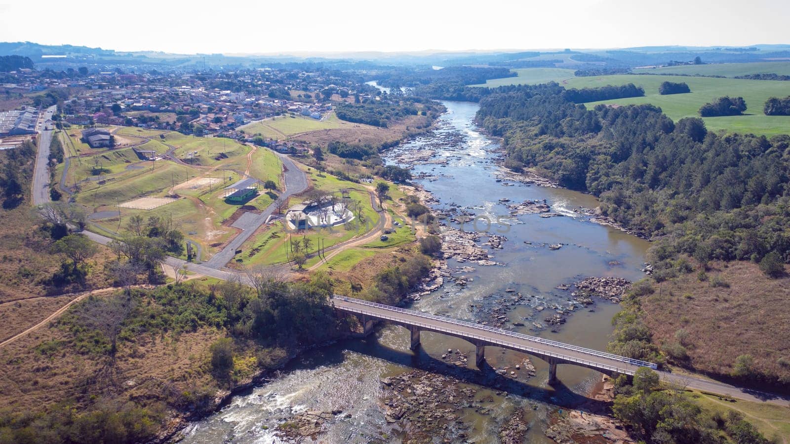 Flight over the Tibagi river in the Tibagi city of Parana state, Brazil.