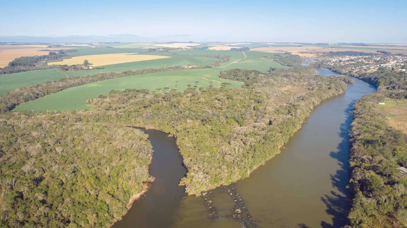 Flight over the Tibagi river in the Tibagi city of Parana state, Brazil.