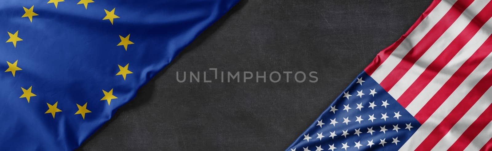 Flags of the European Union and the United States of America with copy space