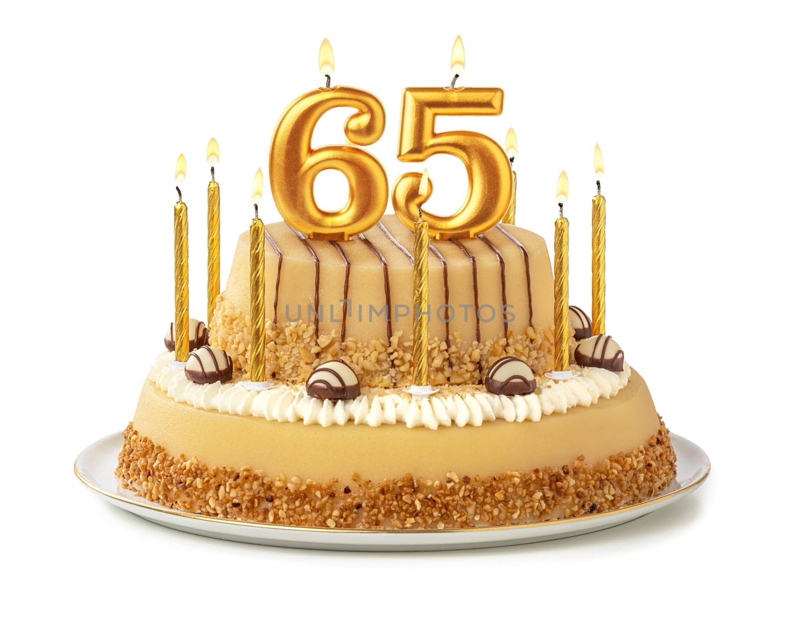 Festive cake with golden candles - Number 65