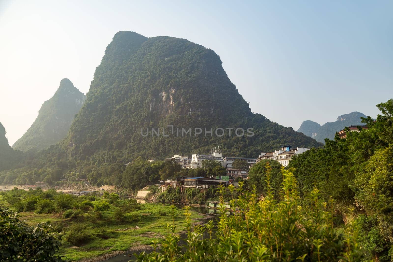 Mountains and Valley in Yangshuo Province, China, early foggy morning