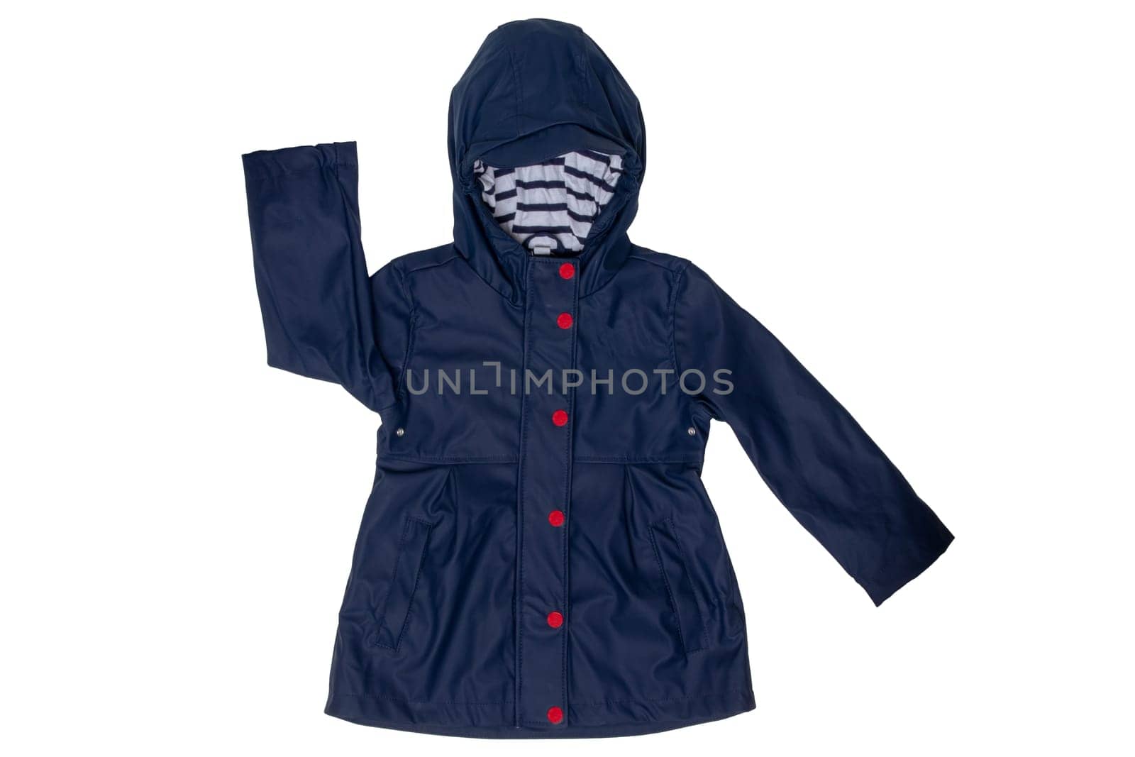 Rain jacket. Close-up of elegant waterproof marine blue zipper windbreaker jacket and hood for girls isolated on a white background. Kids fashion for rain season.