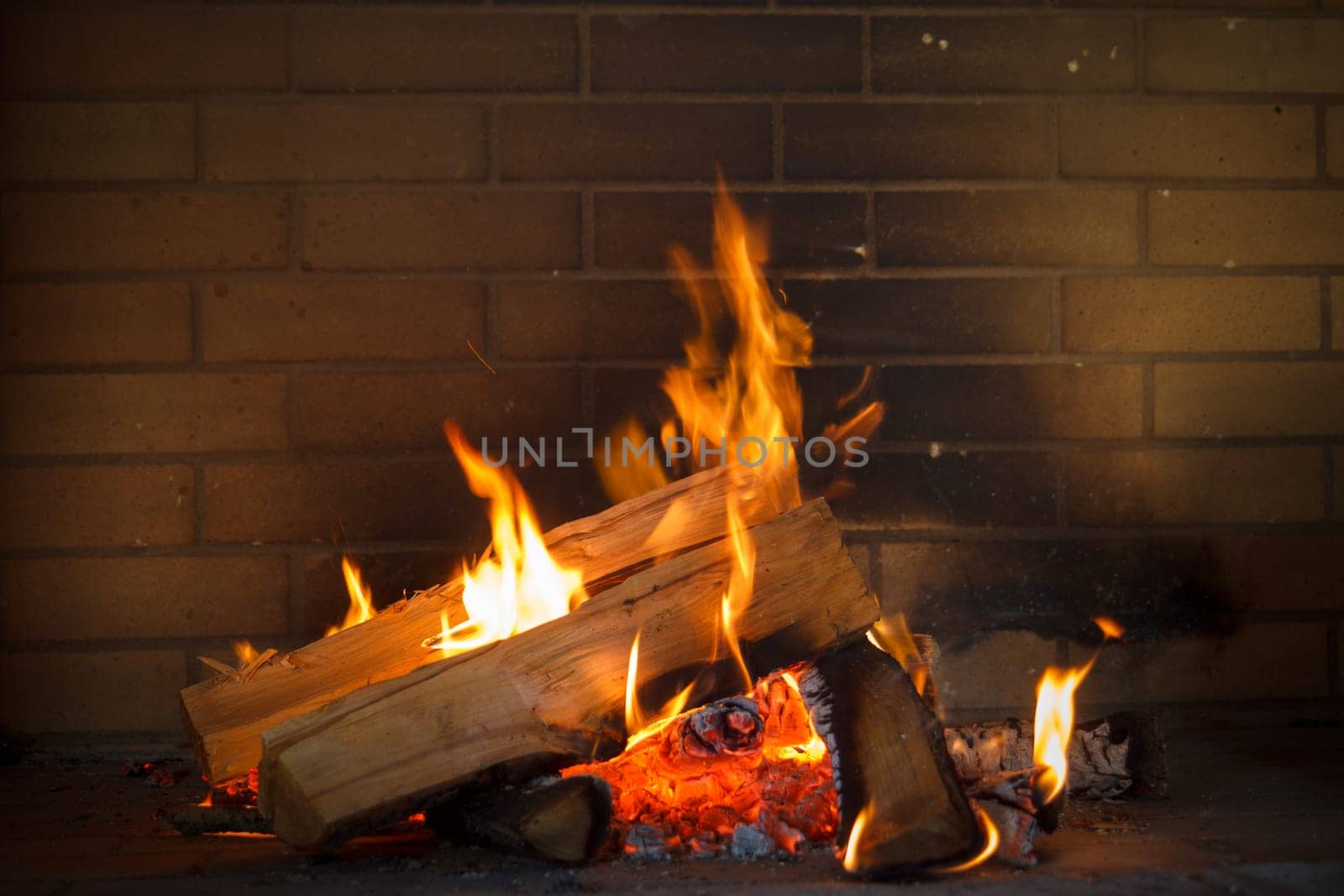 Close up shot of burning firewood in the fireplace.