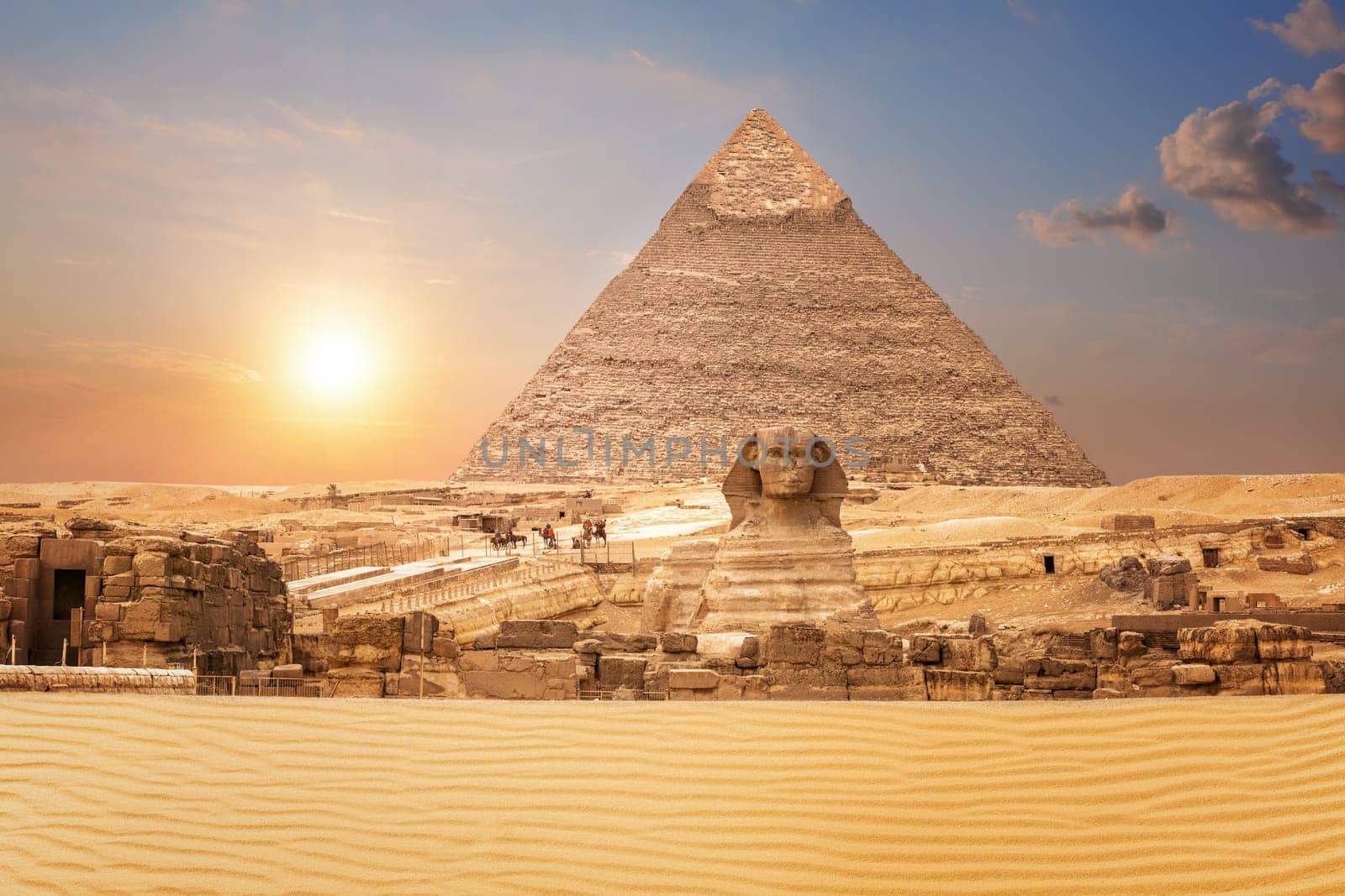 Wonderful view on the Sphinx and the Pyramid of Chephren in Egypt.