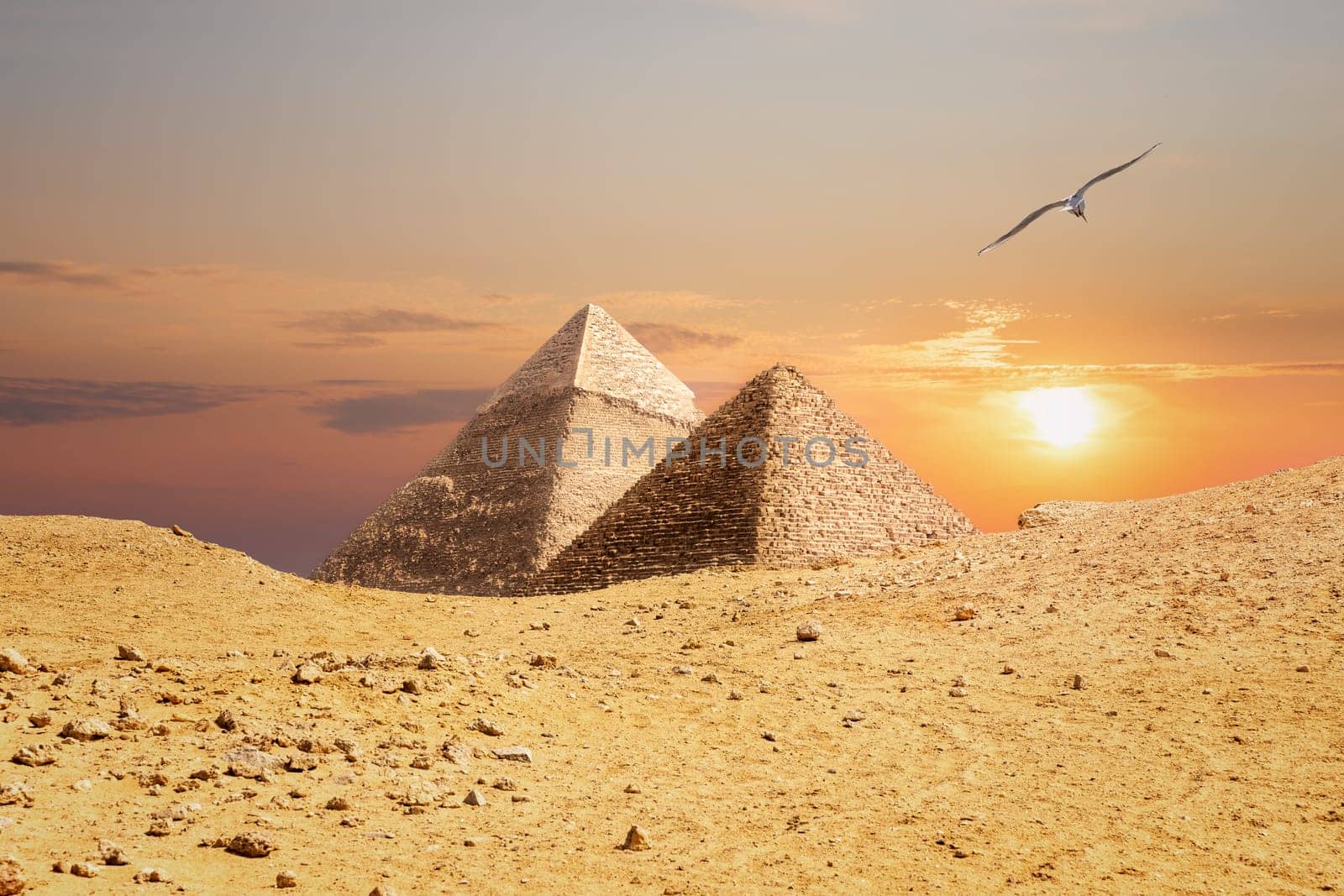 The Pyramids of Giza, view from the sand-dune.
