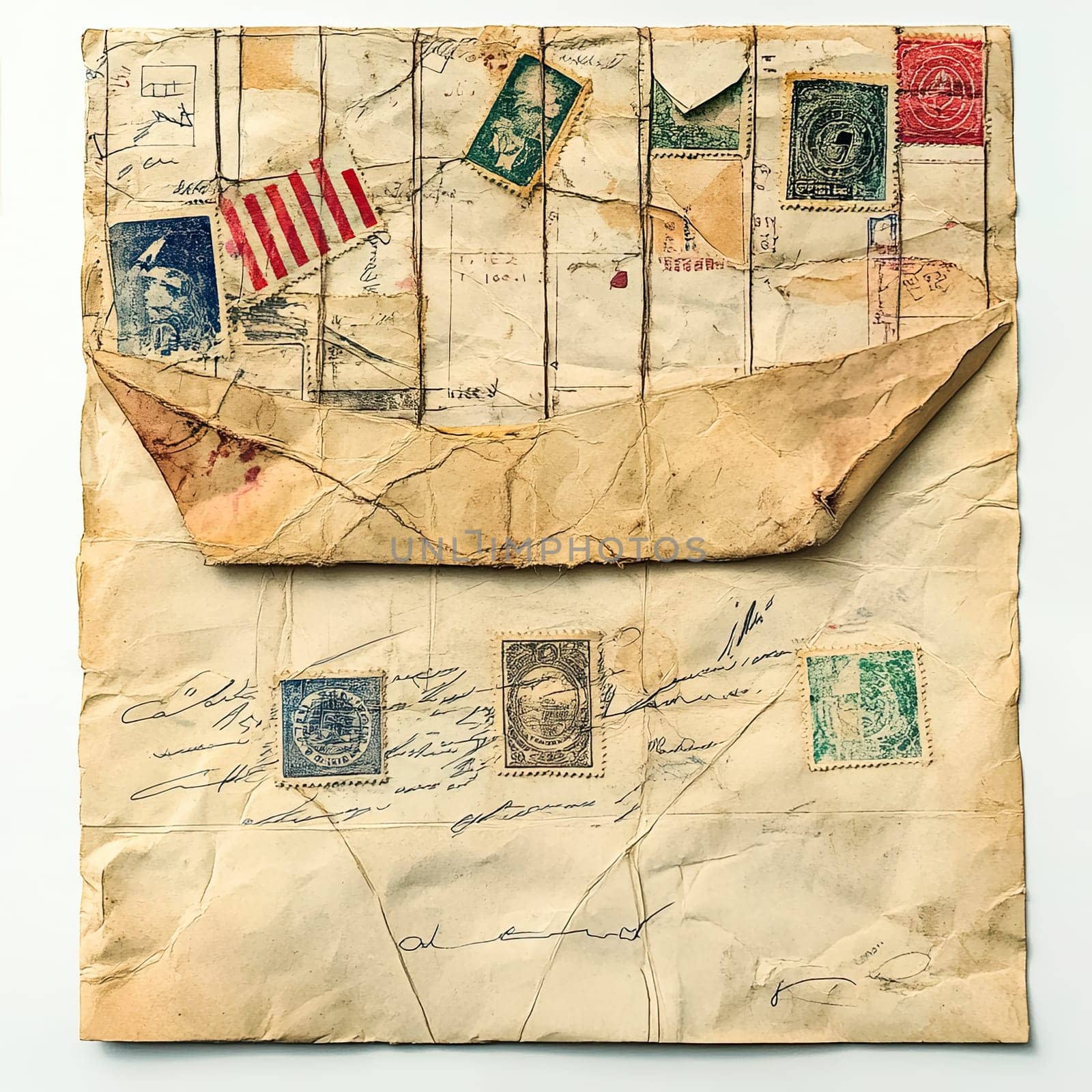 The picture showcases an aged envelope adorned with various vintage stamps and handwritten notes, evoking memories of past communications and a bygone era.