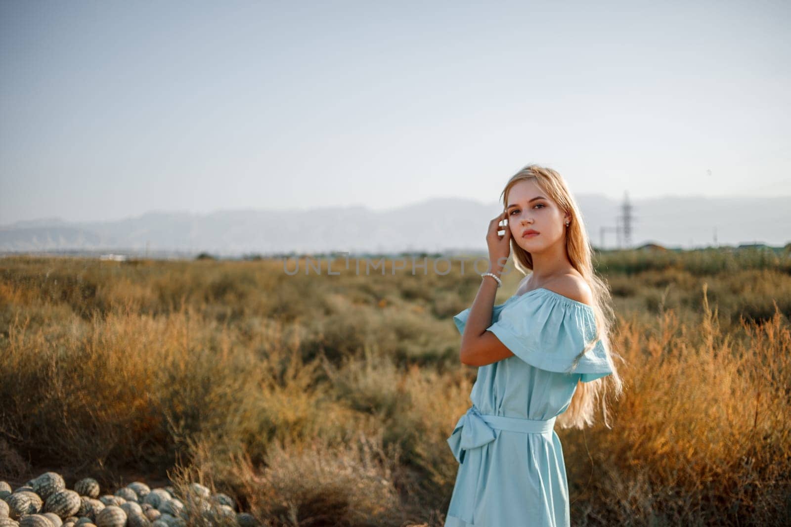 portrait of a young beautiful caucasian blonde girl in a light blue dress standing on a watermelon field with sun-dried grass during sunset