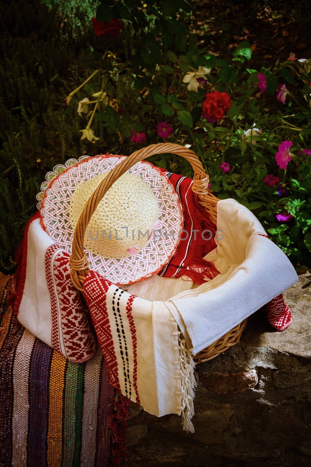 Basket with Women's Straw Hat