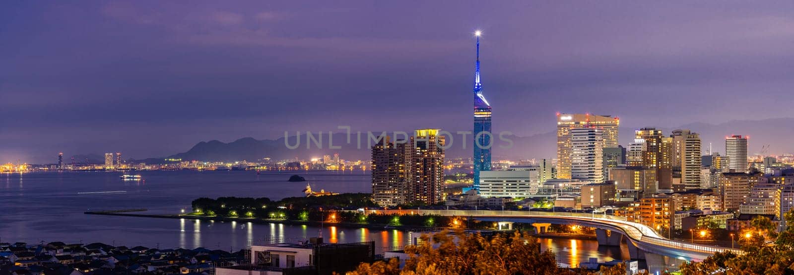 Panorama Fukuoka tower sunset twilight with downtown cityscape in Fukuoka city Kyushu South of Japan