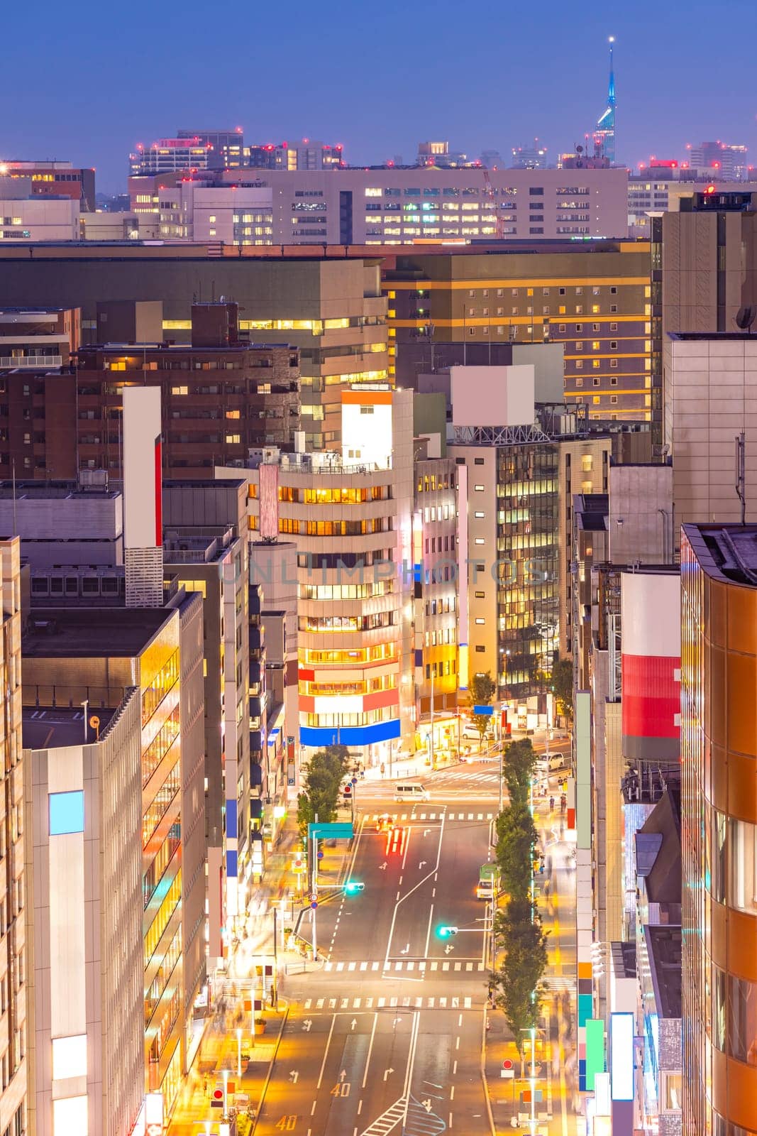 Aerial view of Fukuoka cityscape downtown at Hakata. Hakata is main area of Fukuoka transport such as train port and airport.