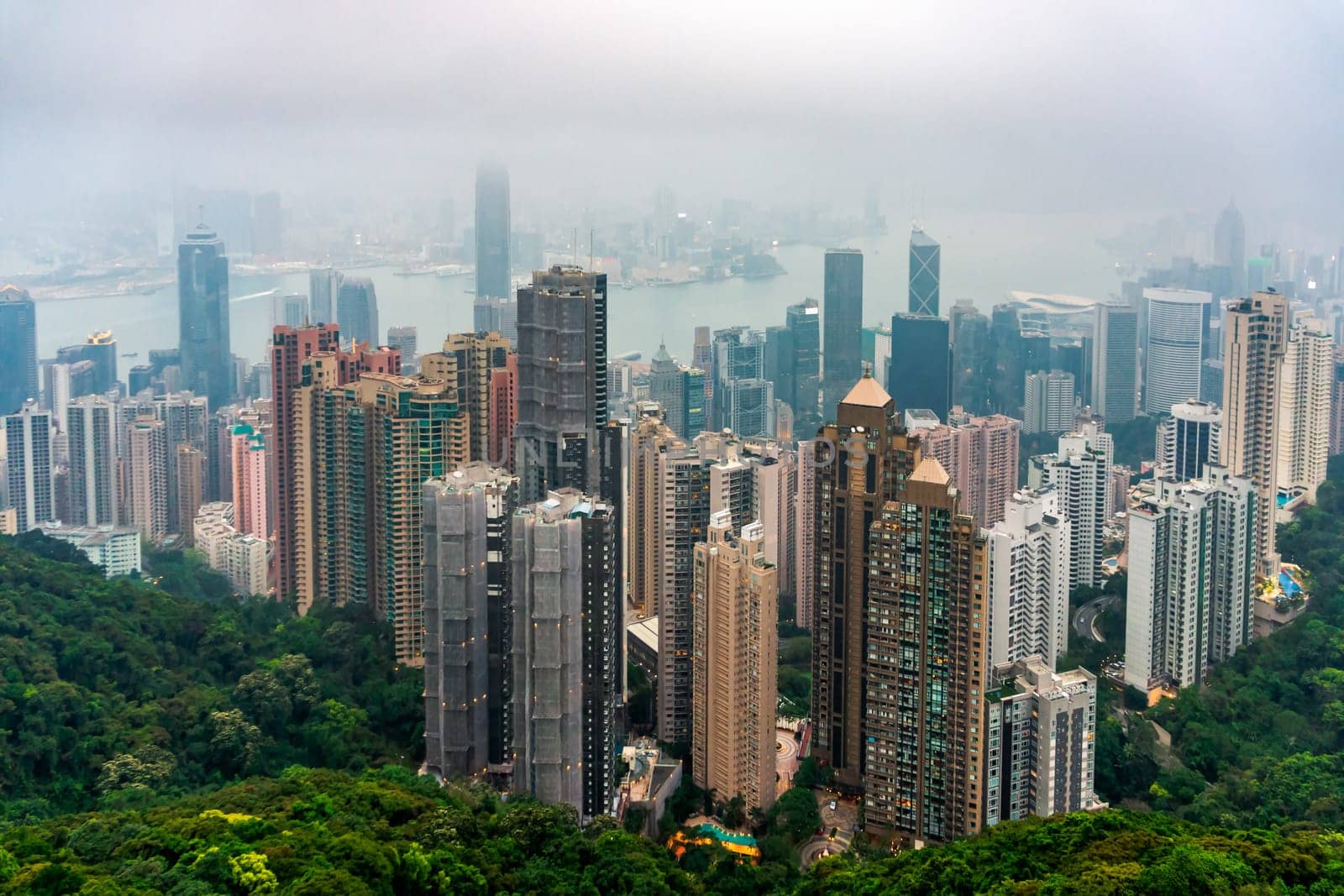 Hong Kong skyscapes and skyline in heavy haze or smog, view from Victoria Peak