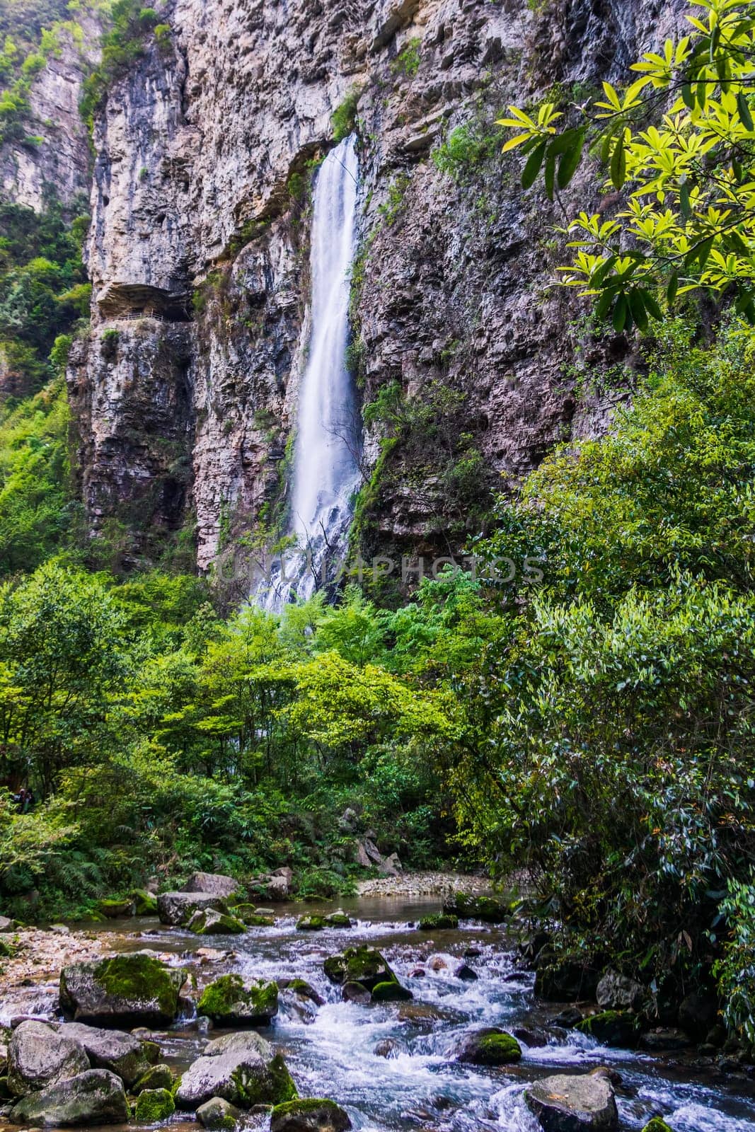 High waterfall falling down from narrow cave in Zhangjiajie in Grand Canyon. Wulingyuan, Hunan, China