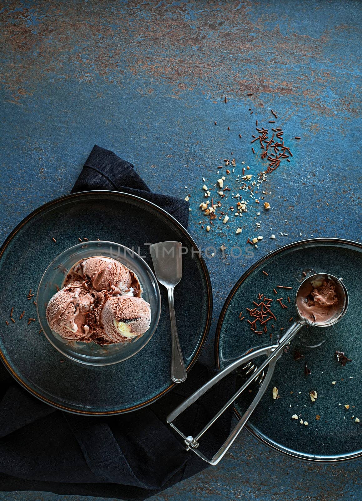 Homemade Organic chocolate  Ice Cream scoops in a plate close up