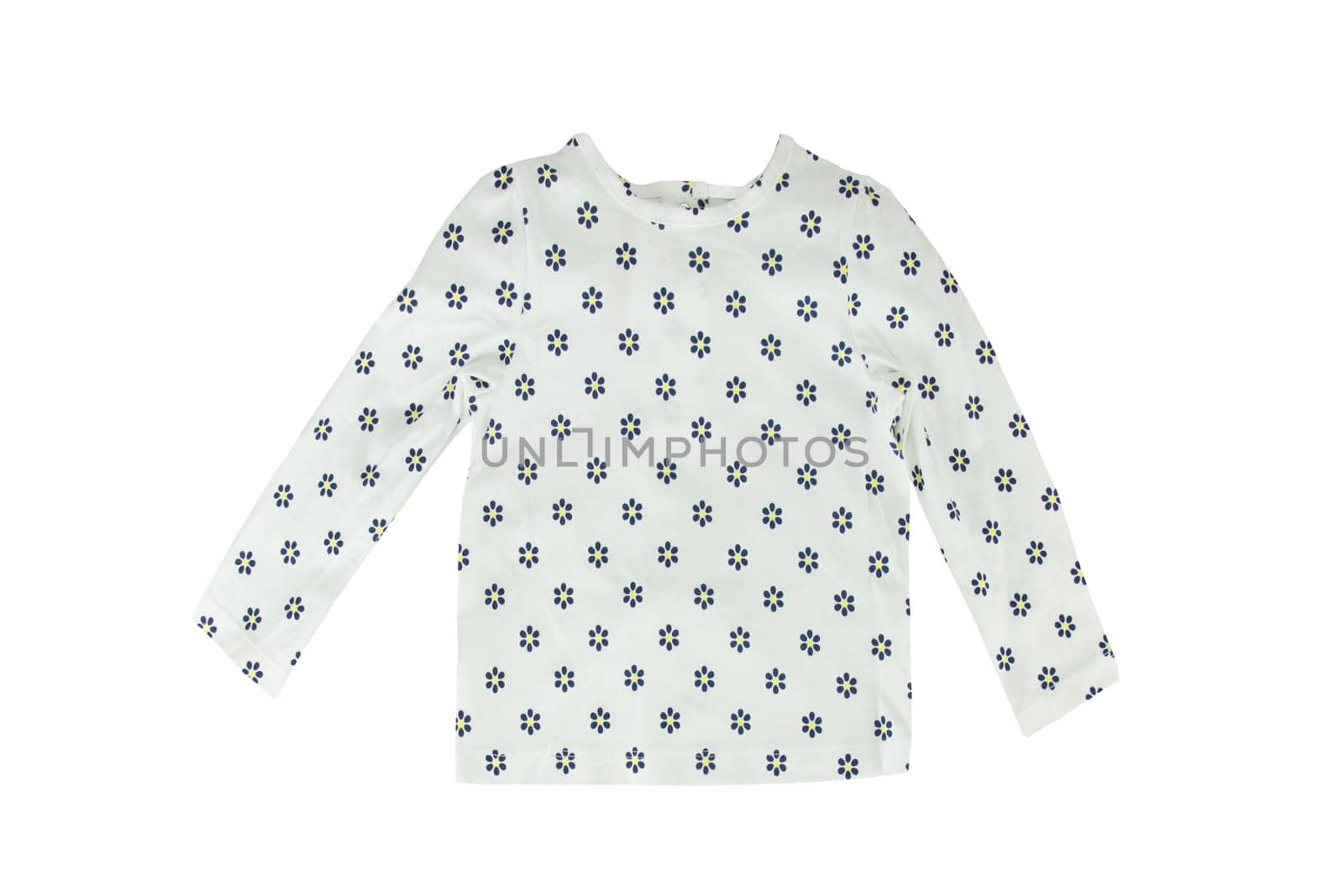 Kids shirt isolated. A beautiful white t-shirt with daisy pattern isolated on a white background. Children fashion. Nobody.
