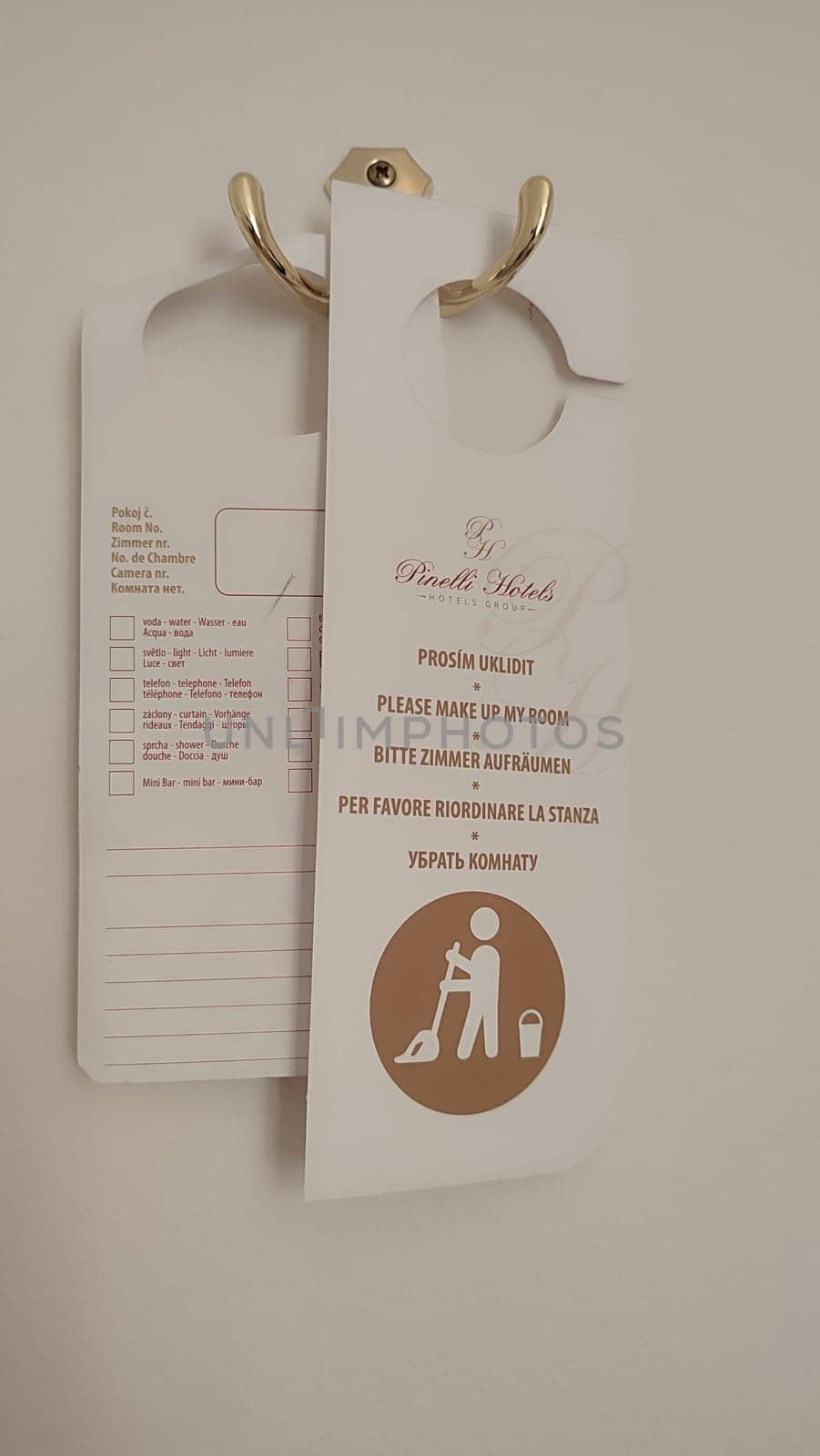October 15 2024 Prague Czech Republic Europe Room service sign clean room simbol logo door handle white . High quality photo
