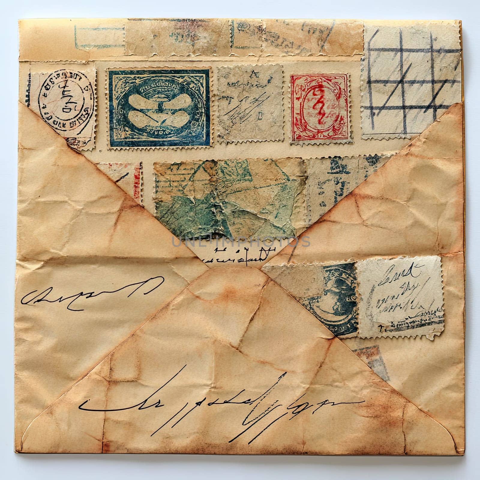 An artistic representation of a weathered envelope featuring an array of vintage stamps and handwritten notes, reflecting rich postal history and timeworn charm.