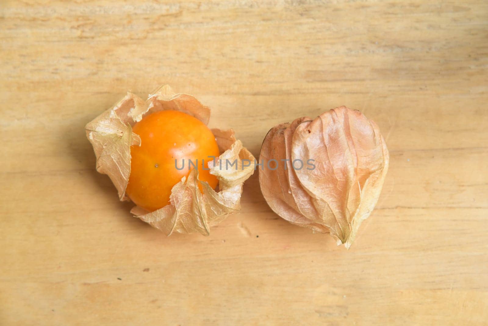 Top view and close up orange organic cape gooseberry fruit