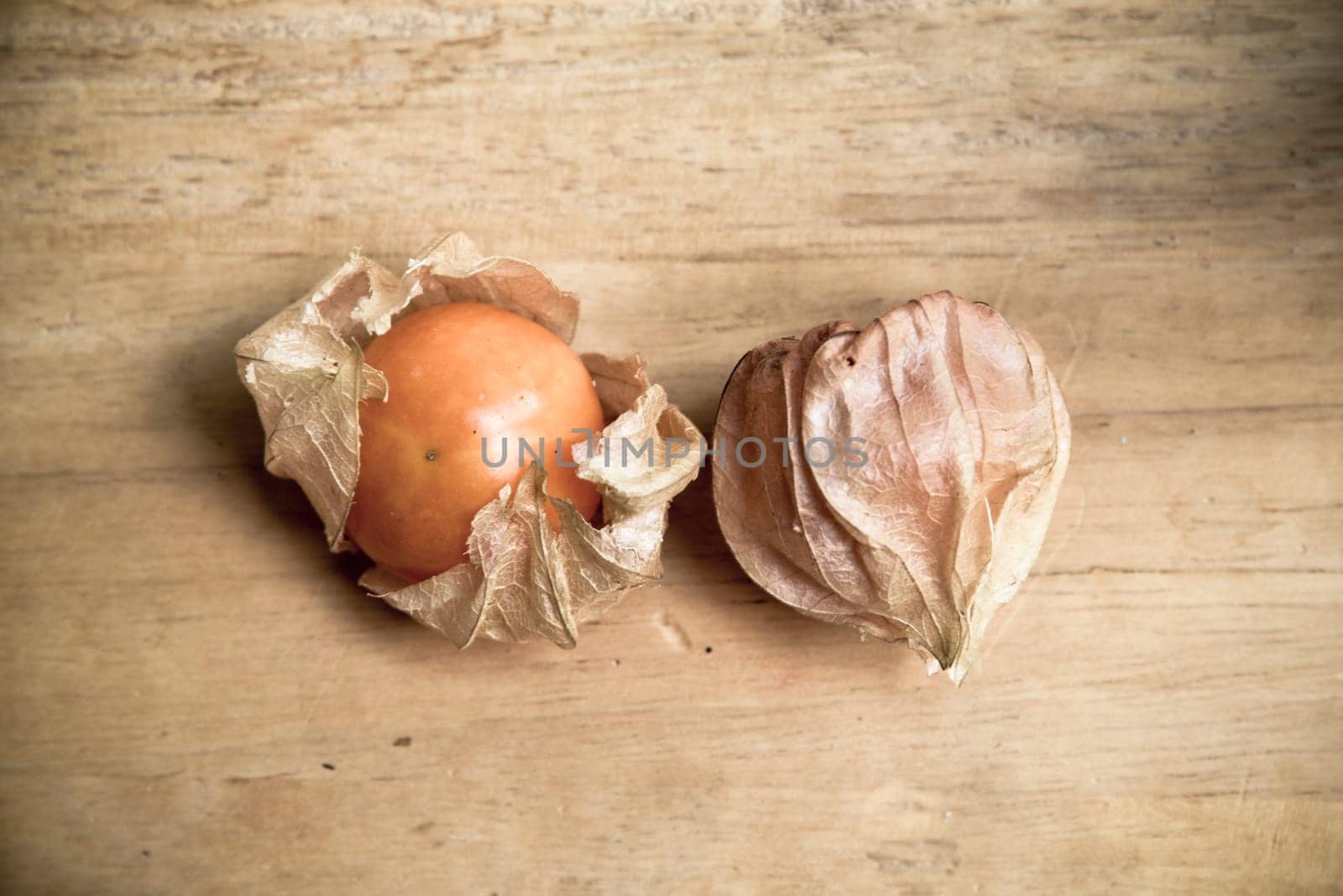 Top view and close up orange organic cape gooseberry fruit