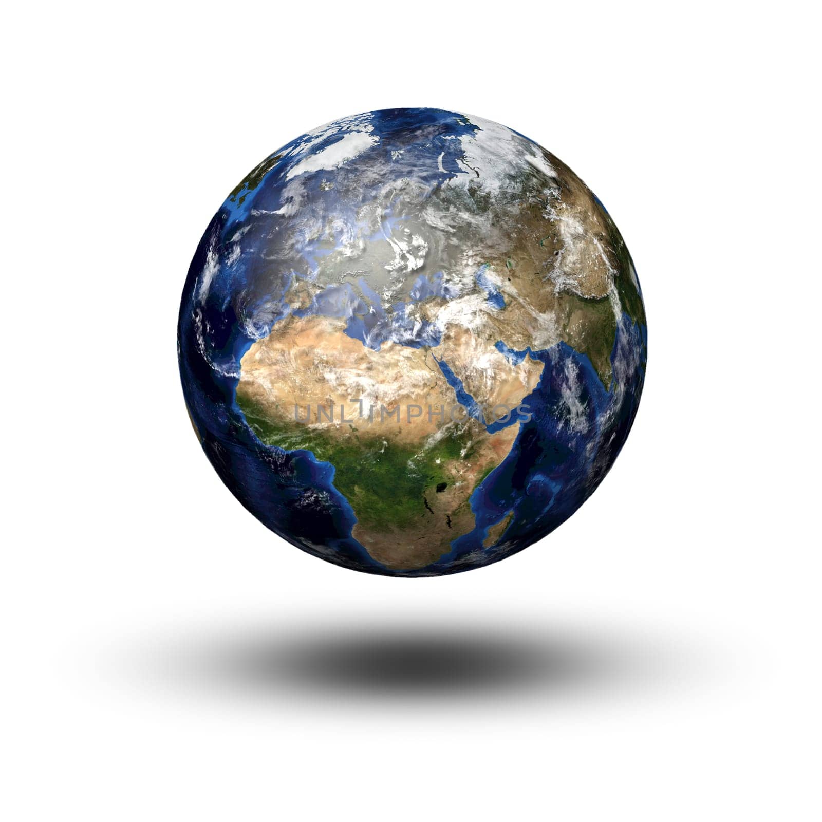 3D image of planet Earth flying above the shadow. View to Europe and Africa
